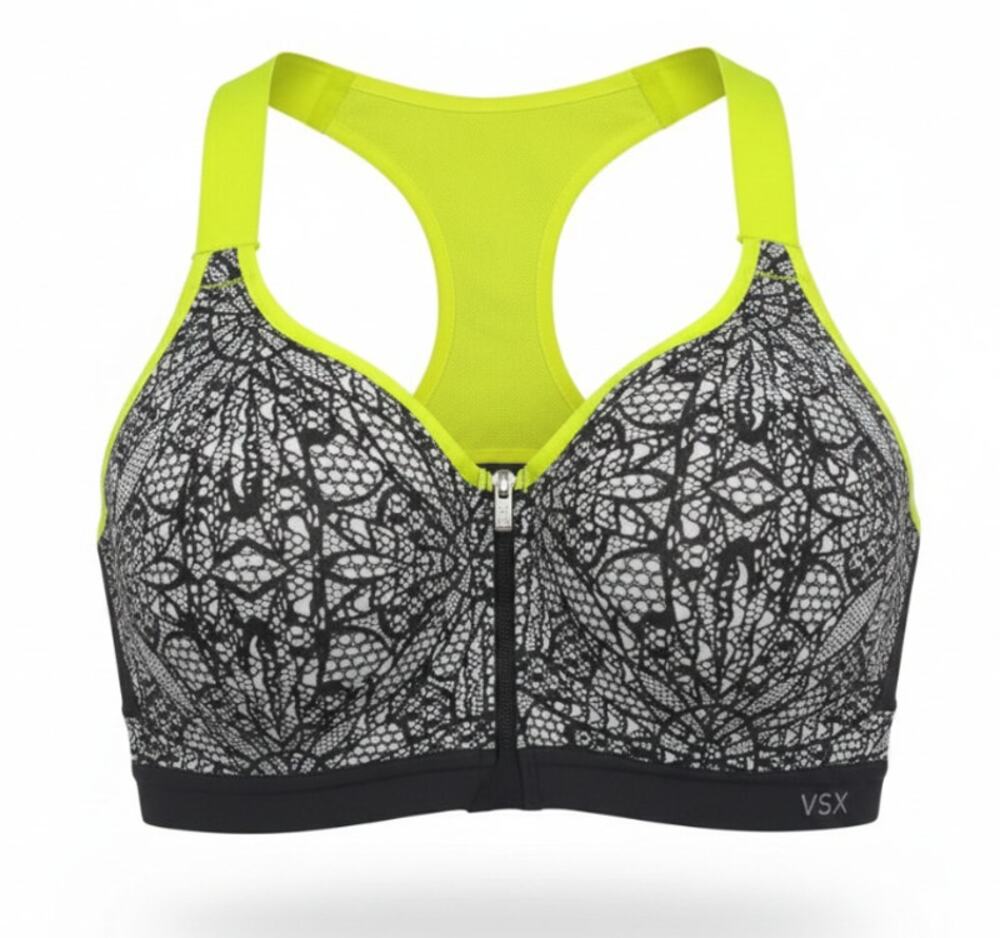 VICTORIAS SECRET VSX KNOCKOUT FRONT ZIP SPORTS BRA BLACK LACE NEON YELLOW SZ 34D
